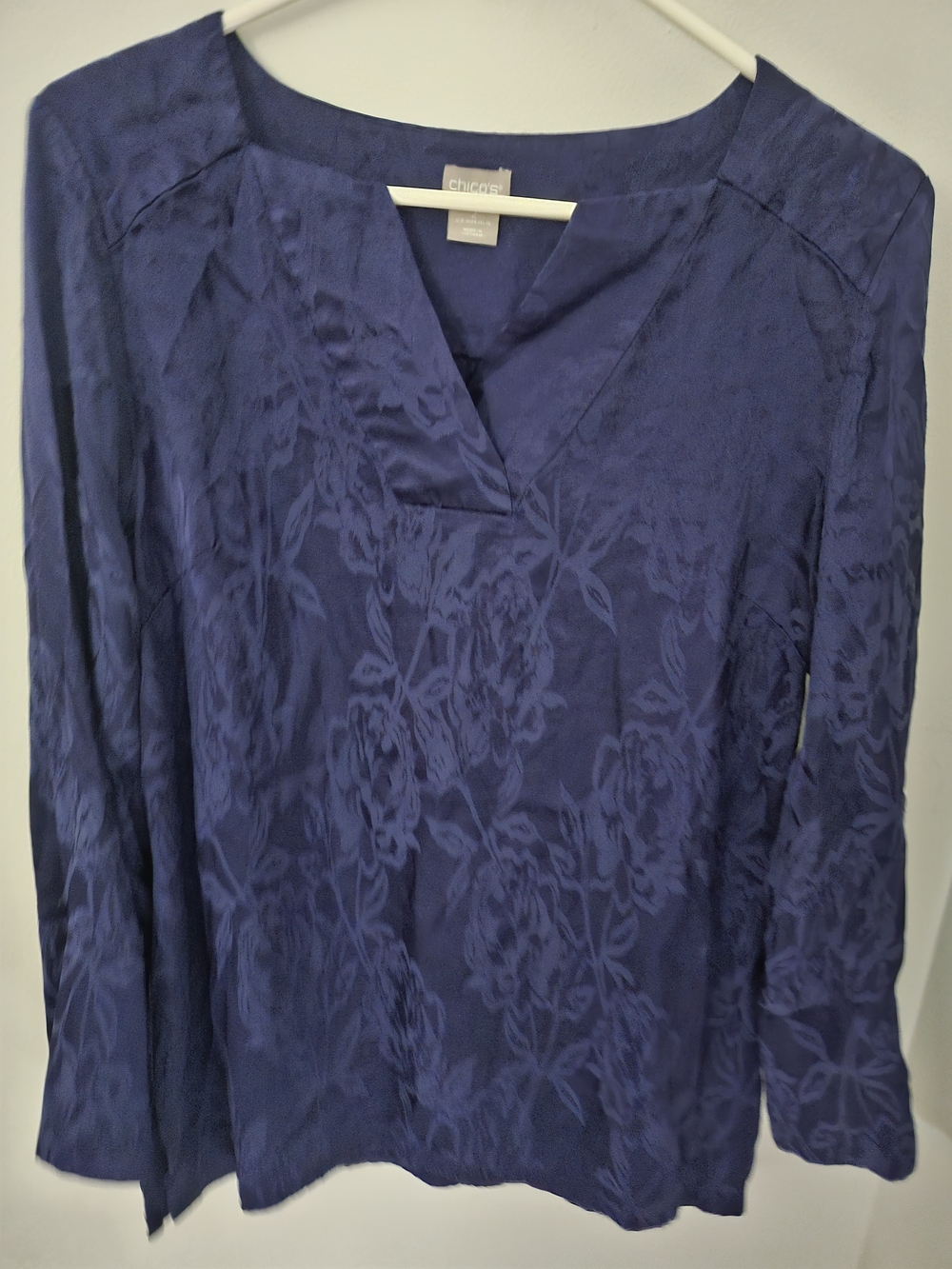 Chico's Navy Floral Jacquard V-Neck Blouse